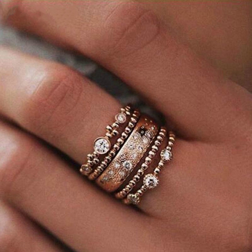 Set 5 Nhẫn Đính Đá Kiểu Gợn Sóng Thời Trang Cho Nữ