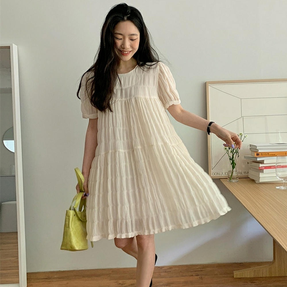 Đầm Tay Phồng Cổ Tròn Xếp Ly Dáng Rộng Thời Trang Sang Trọng 49871