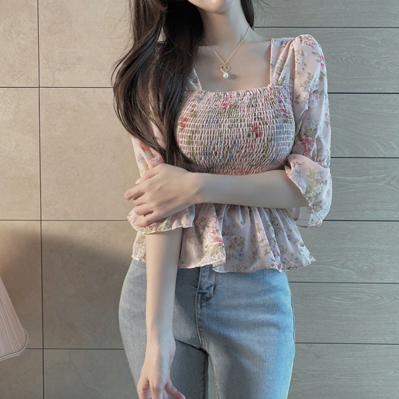 Áo Voan Hoa Tay Lửng Cổ Vuông Xinh Xắn Dành Cho Nữ