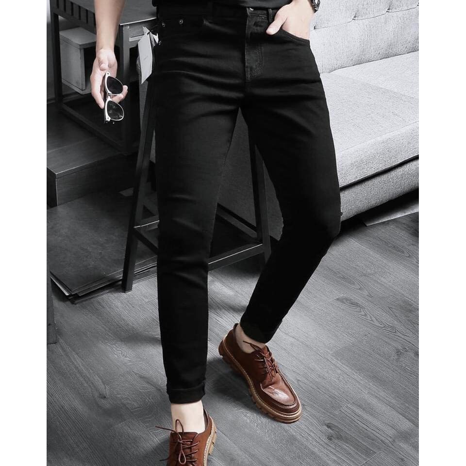 Quần jean nam đen Munique trơn và rách vải jeans bò cotton co giãn - form ôm