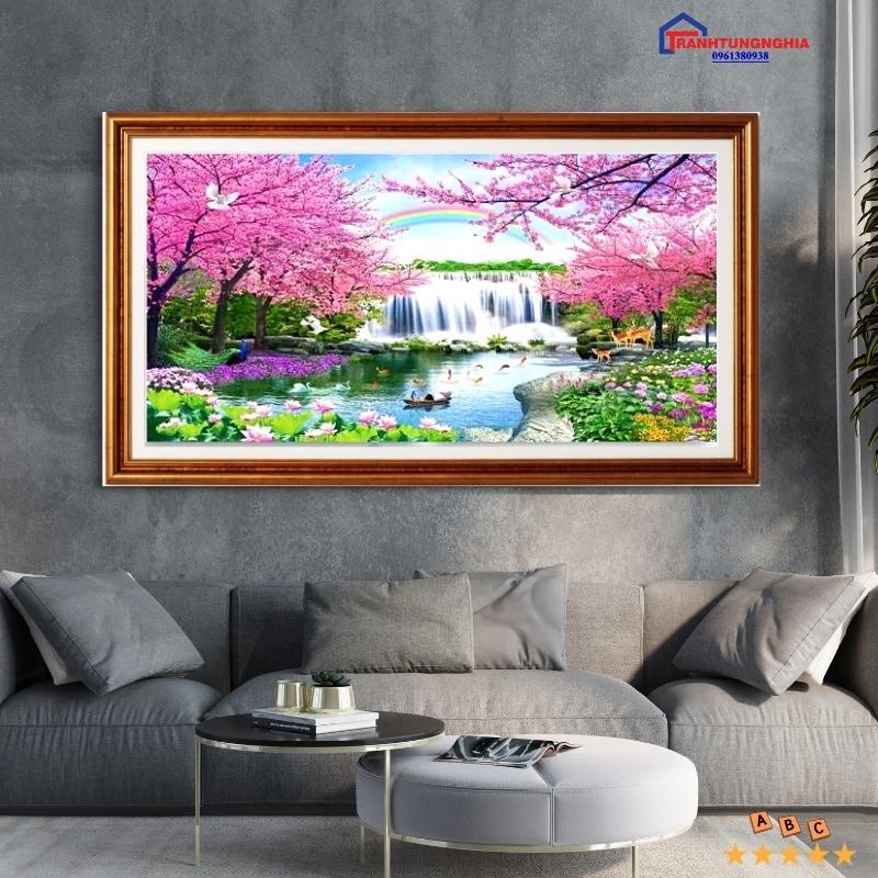 Tranh đính đá - tranh thêu chữ thập phong cảnh non nước hữu tình