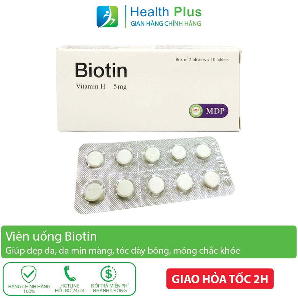 Viên uống Biotin bổ sung biotin và vitamin B5 chống rụng tóc, giúp tóc và móng chắc khoẻ, da trắng mịn - Hộp 20 viên