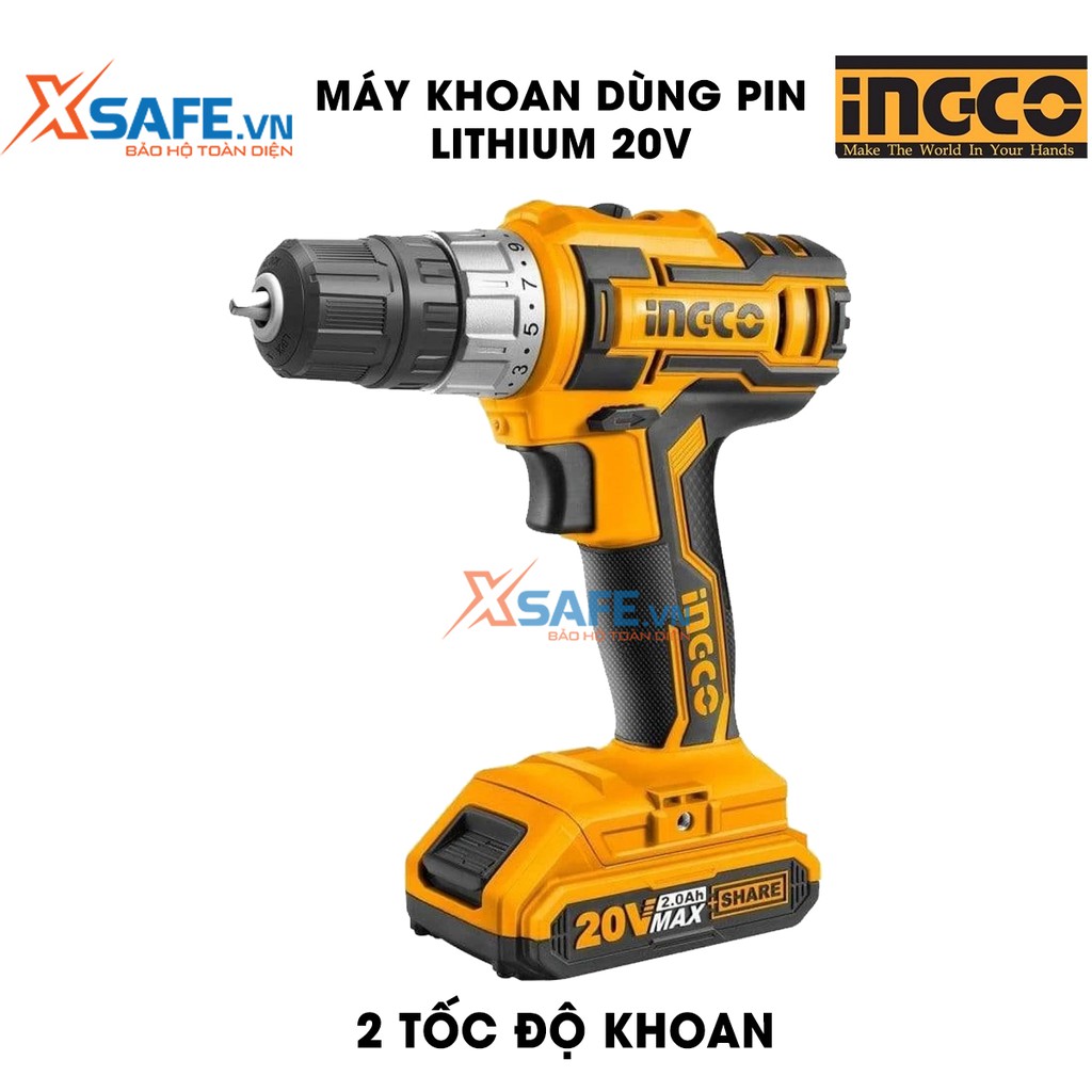 Máy khoan búa dùng Pin Lithium 20V INGCO CDLI200215 Kèm 2 pin 1 sạc, hai tốc độ 0-400/min và 0-1500/min - chính hãng
