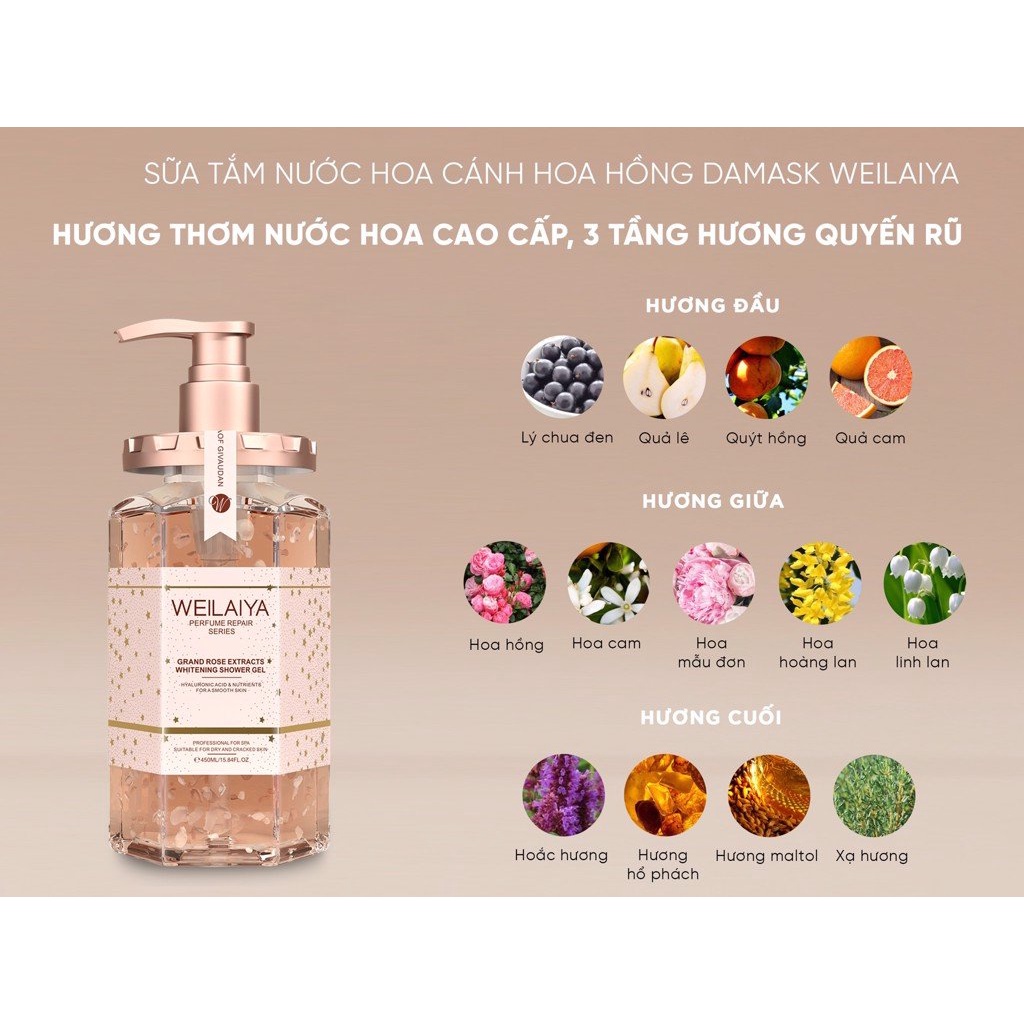 Sữa Tắm Nước Hoa Weilaiya Chính Hãng Tủy Mật Hoa Hồng Damask 450ml Hương Thơm Quyến Rũ Thơm Lâu