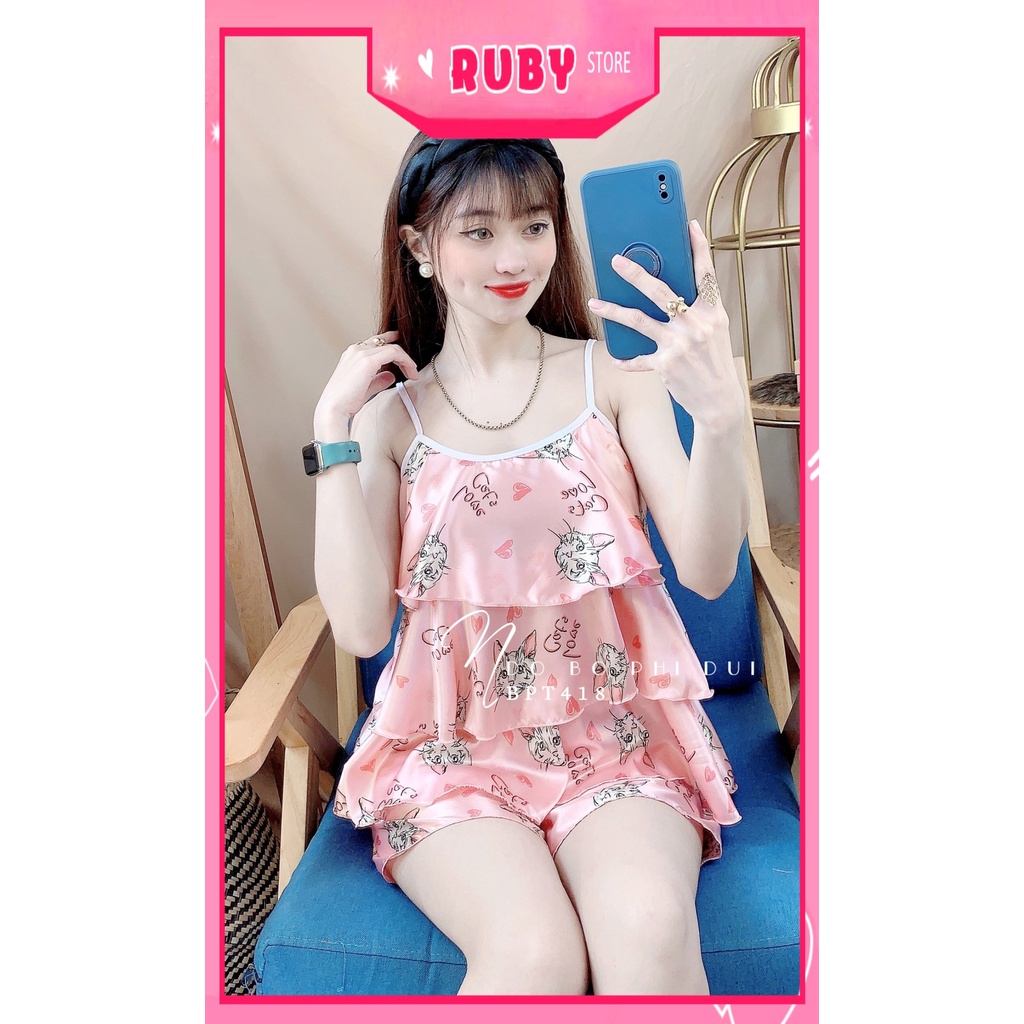 Đồ bộ sexy cho nữ mặc nhà chất phi bóng mềm mát in hình gấu hoạt hình dễ thương BPT418