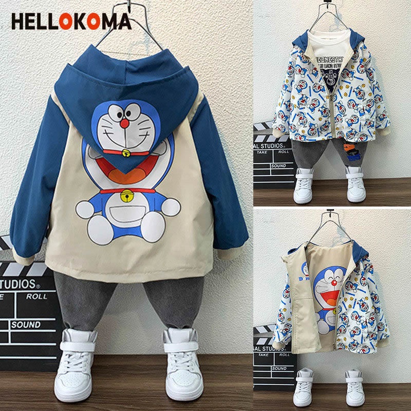 Áo Khoác Gió Hai Mặt Có Mũ Trùm In Họa Tiết Mèo Hoạt Hình Phong Cách Phương Tây Thời Trang Xuân Thu Dành Cho Bé Trai Và Bé Gái