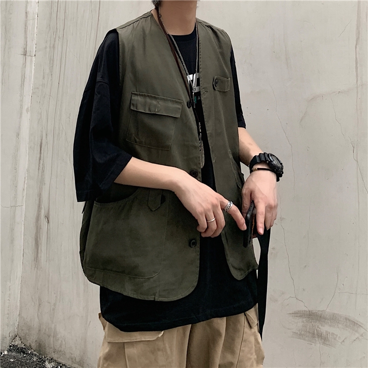 Áo Khoác Không Tay Dáng Rộng Phối Nhiều Túi Phong Cách Chiến Thuật Cá Tính | BigBuy360 - bigbuy360.vn