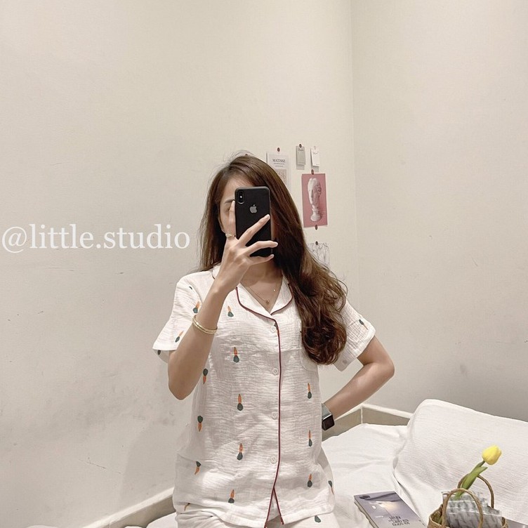 Bộ đồ ngủ Pyjama họa tiết siêu dễ thương vải muslin Hàn Quốc mùa hè