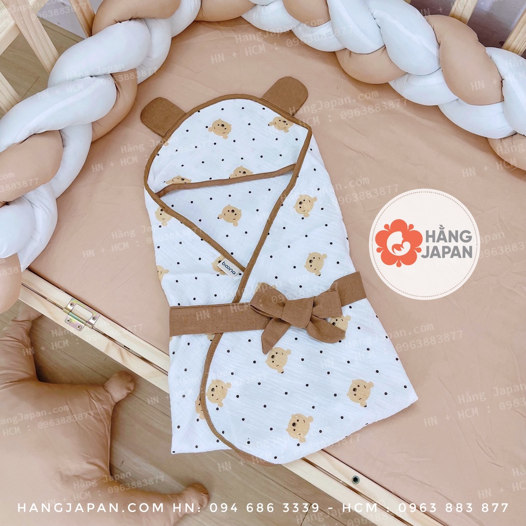 Chăn ủ, ủ choàng xô 2 lớp có đai Muslin đa năng cho bé 75*75 họa tiết ngẫu nhiên