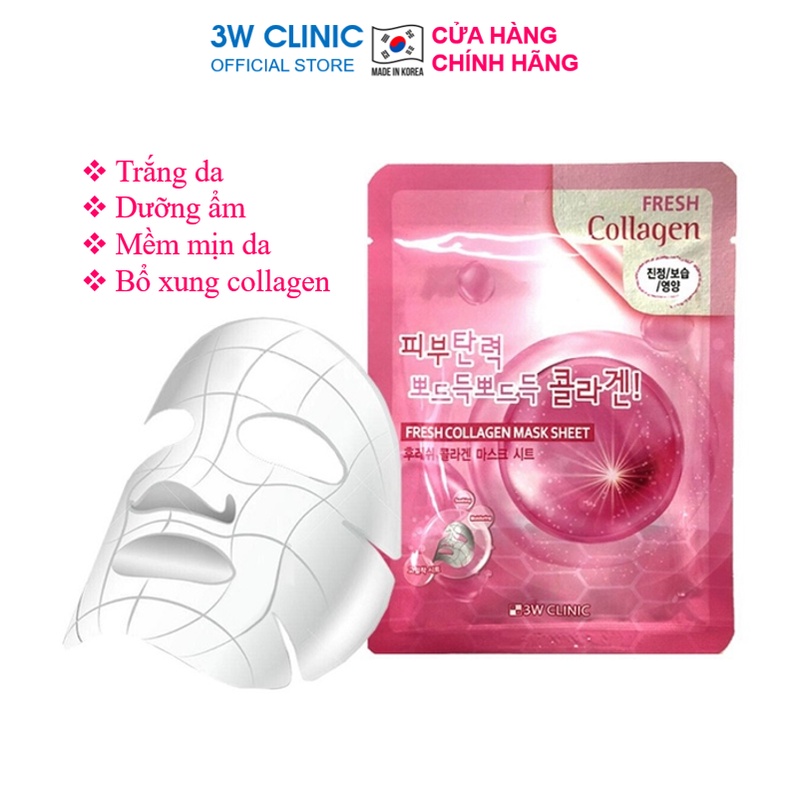 [Lẻ Miếng] Mặt nạ giấy collagen dưỡng trắng da dưỡng ẩm chiết xuất từ tính chất Collagen 3W Clinic Hàn Quốc 23ml