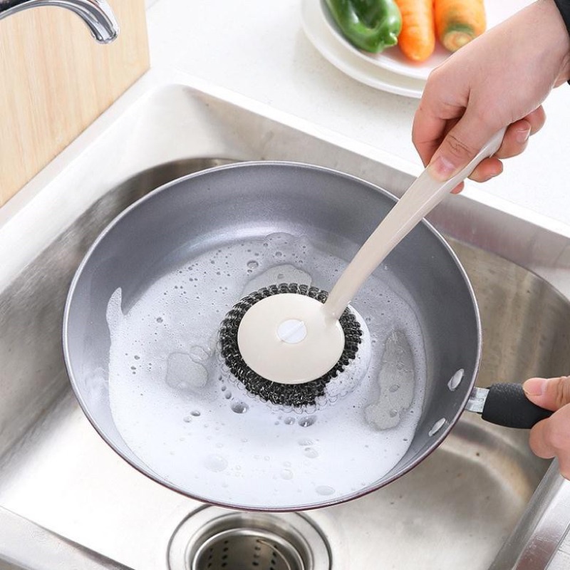 Cọ xoong nồi, bát đĩa búi sắt có tay cầm dài, cọ nhà bếp búi sắt có tay cầm