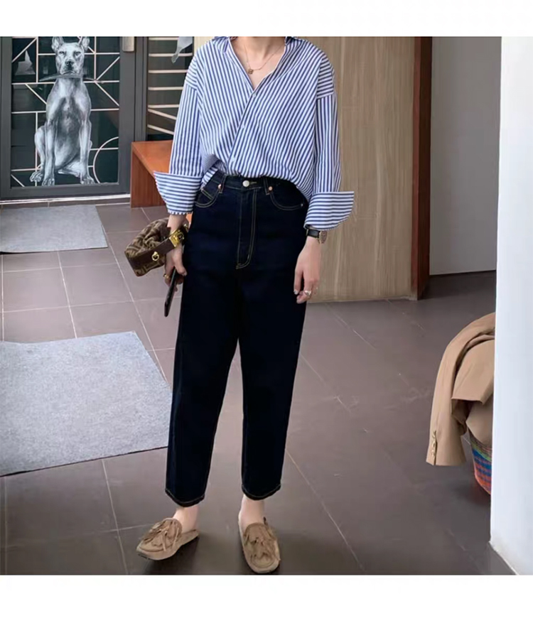 Áo sơ mi tay dài dáng rộng họa tiết kẻ sọc phong cách retro thời trang cá tính