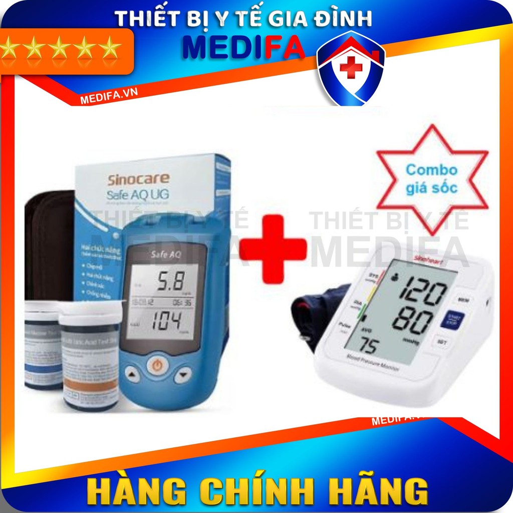 Combo Máy đo đường huyết và Axit Uric (gút - gout) 2 trong 1 Sinocare Safe AQ UG + Máy đo huyết áp bắp tay Sinocare