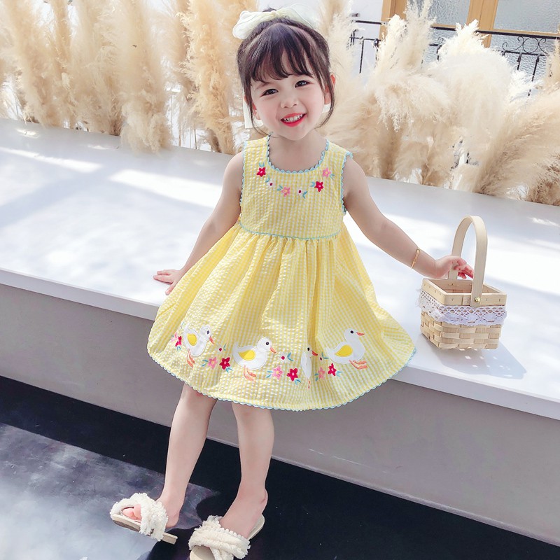 Đầm công chúa thêu hình vịt con thời trang mùa hè phong cách Hàn Quốc dành cho bé gái