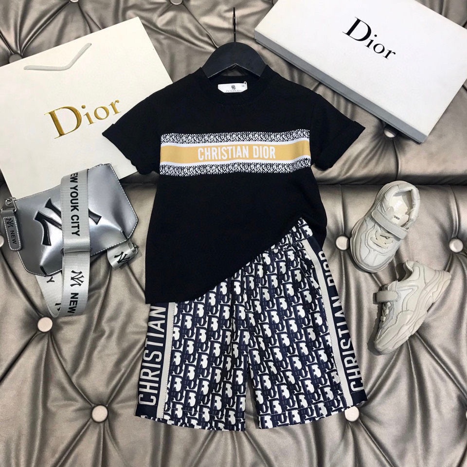 Dior Bộ Áo Thun Cotton Ngắn Tay In Chữ + Quần Short Thời Trang Cho Bé