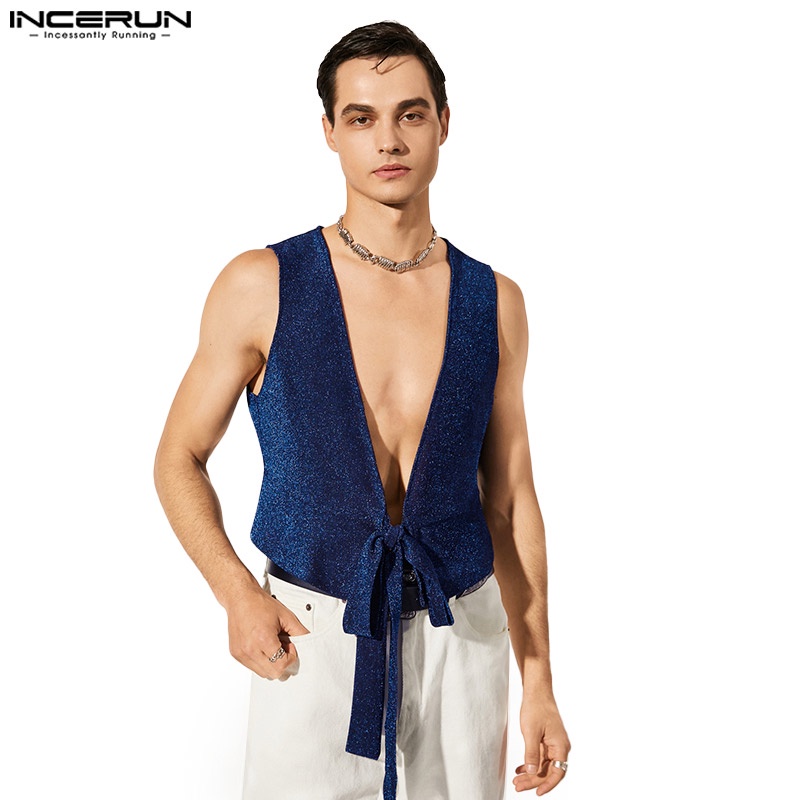 INCERUN Áo Ghi Lê Không Tay Cổ Chữ V Sáng Bóng Gợi Cảm Cho Nam