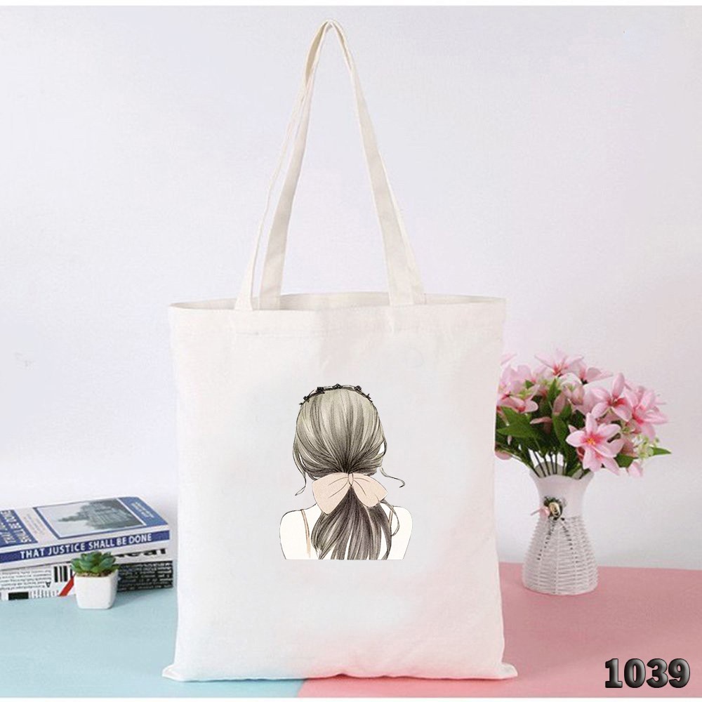 TÚI TOTE TRẮNG CHẤT VẢI CANVAS 1039 CÔ GÁI QUAY LƯNG DỄ THƯƠNG HÀNG CHUẨN ĐẸP