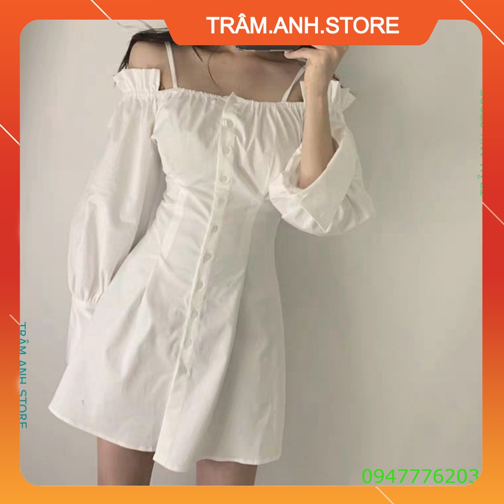 VÁY THIẾT KẾ TRỄ VAI DÀI TAY CÚC DỌC - ĐẦM TRẮNG ĐEN BẸT VAI CHUN BUỘC NƠ ULZZANG HOT - (Sp sẵn) 👗 👑