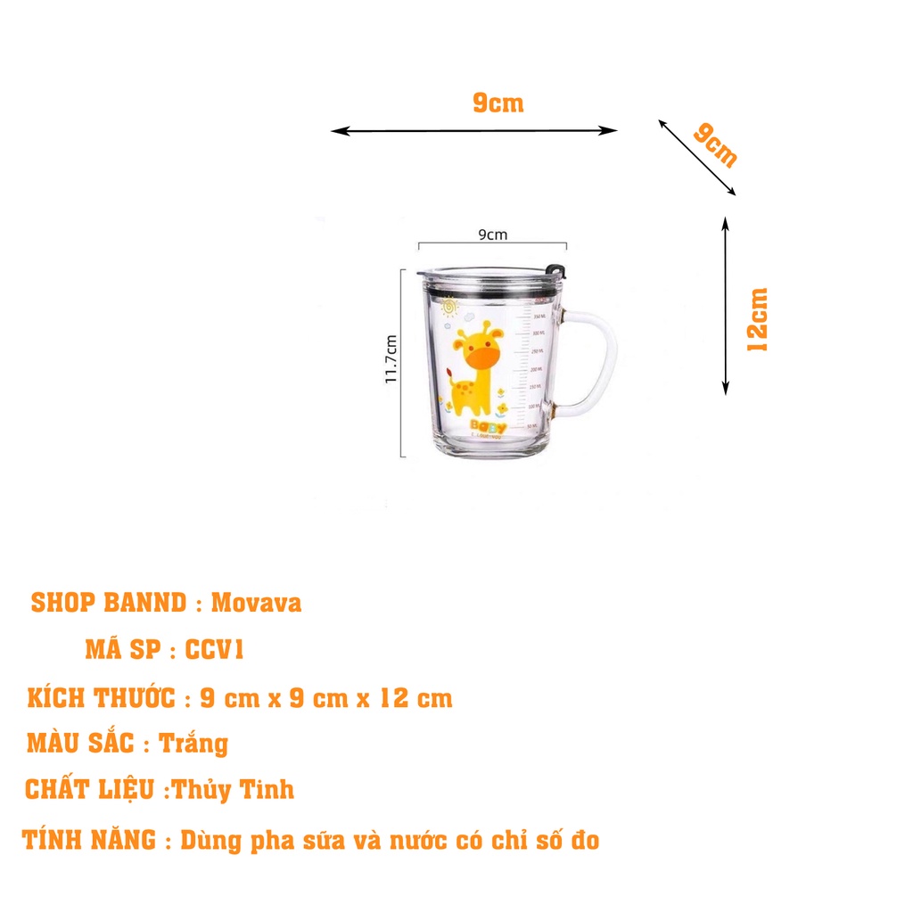 Cốc chia vạch thủy tinh 350ml có nắp dùng để pha sữa uống nước Shop Movava - CCV1