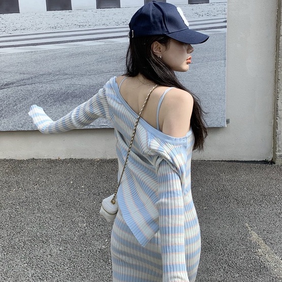 Áo Khoác Cardigan + Áo Hai Dây Dệt Kim Mỏng Thời Trang Mùa Thu