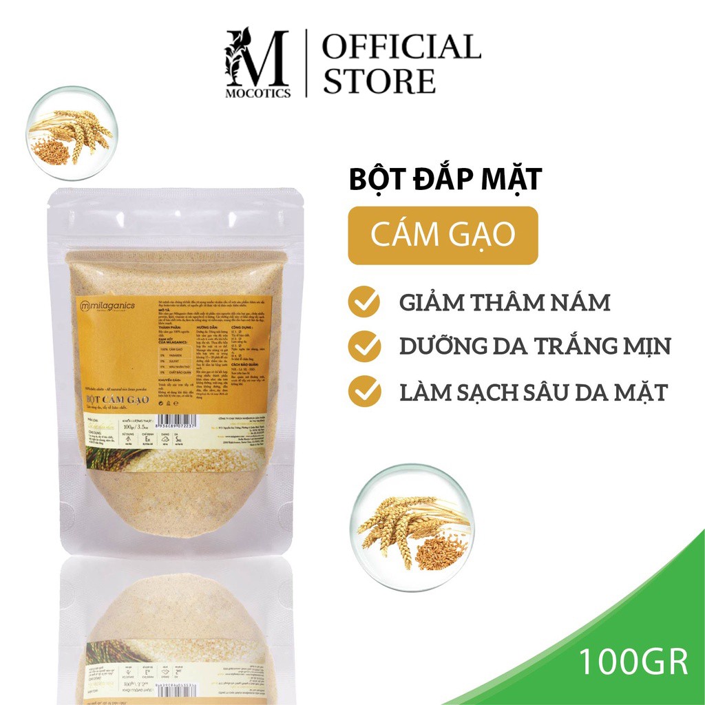 Bột cám gạo nguyên chất Mocotics đắp mặt nạ dưỡng da trắng mịn 100g (Túi Zip)