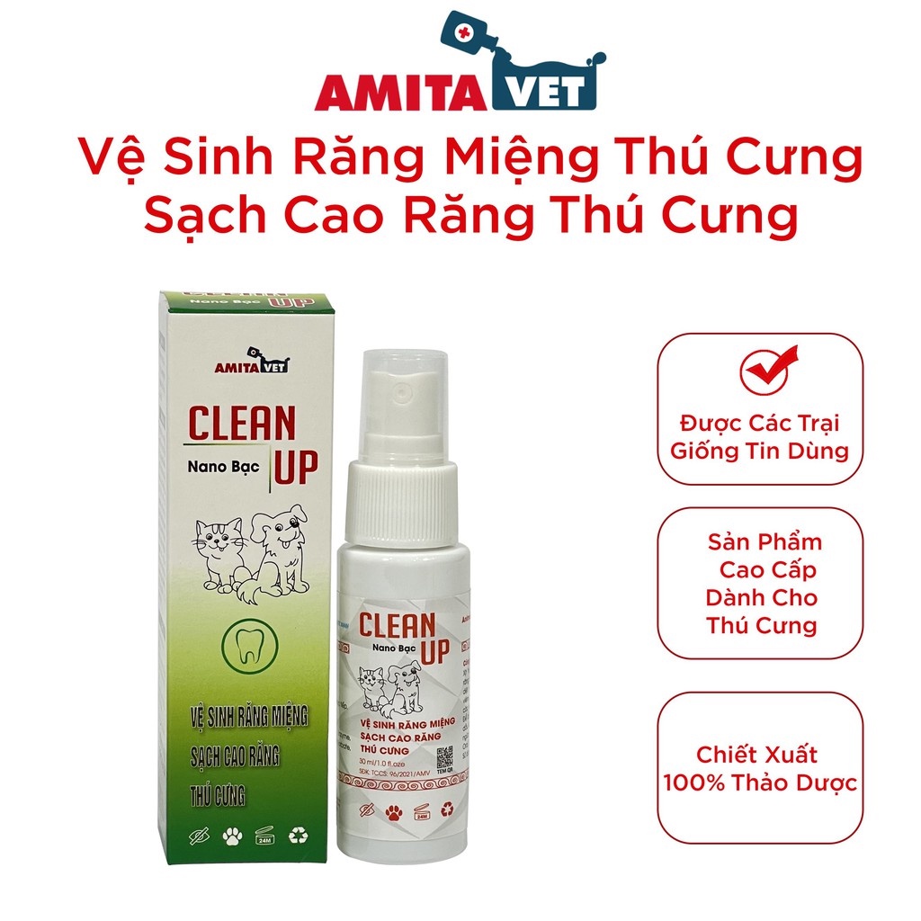 [ Clean Up] Xịt thơm miệng chó mèo , thú cưng ngừa sâu răng khử mùi răng miệng chó mèo 30ml AMITAVET