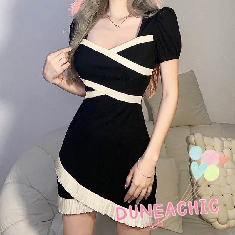 DUNEA Đầm Cổ Vuông Phối Màu Thời Trang Xinh Xắn Cho Nữ