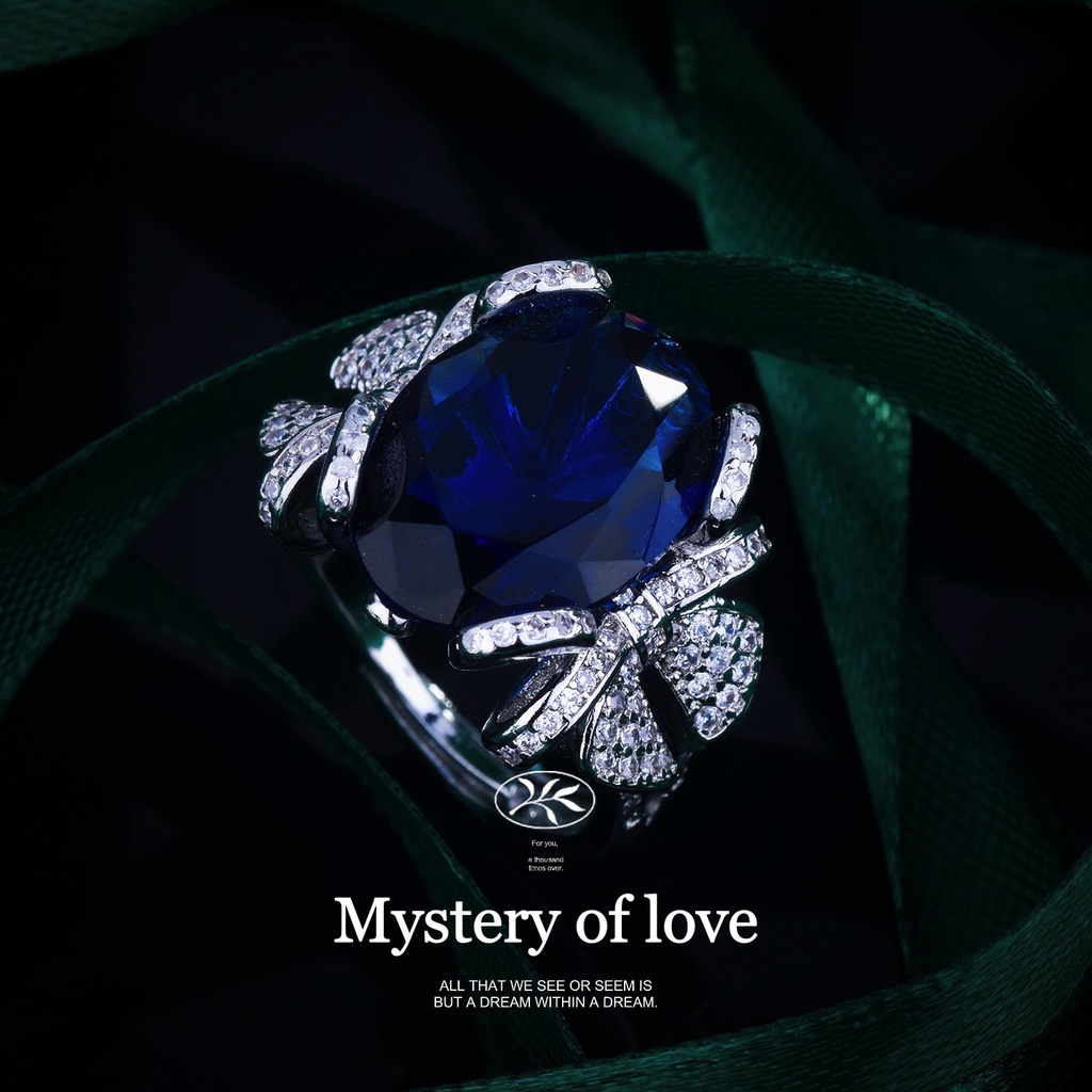 Nhẫn Hở Mạ Bạc 925 Hình Nơ Đính Kim Cương Xanh Dương X4Y6