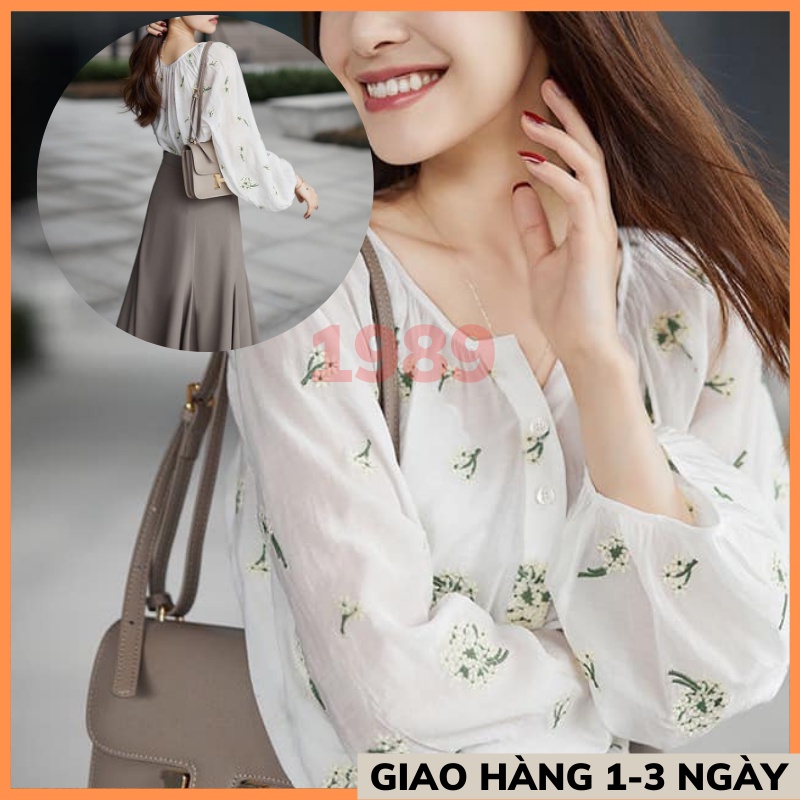 Áo babydool thêu hoa nỗi - áo baby doll nữ cổ v tay bồng chất đũi hoa nỗi cực xinh THỜI TRANG 1989