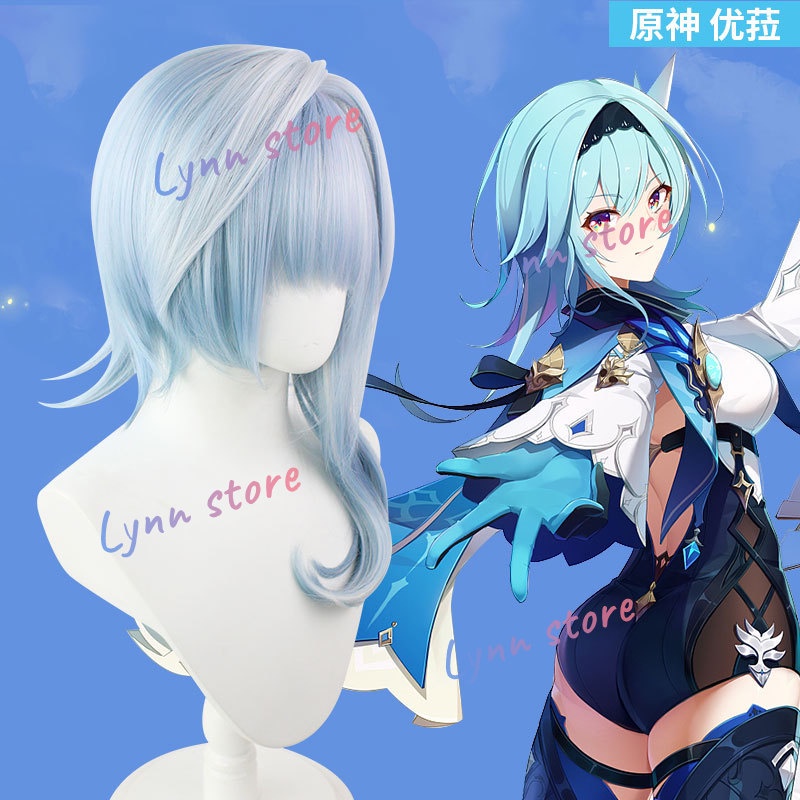 Genshin Impact Eula Cosplay Tóc giả Phụ nữ Màu xanh nổi bật Màu trắng Tóc mai không đều nhau Tóc giả tổng hợp chống nóng Tóc giả