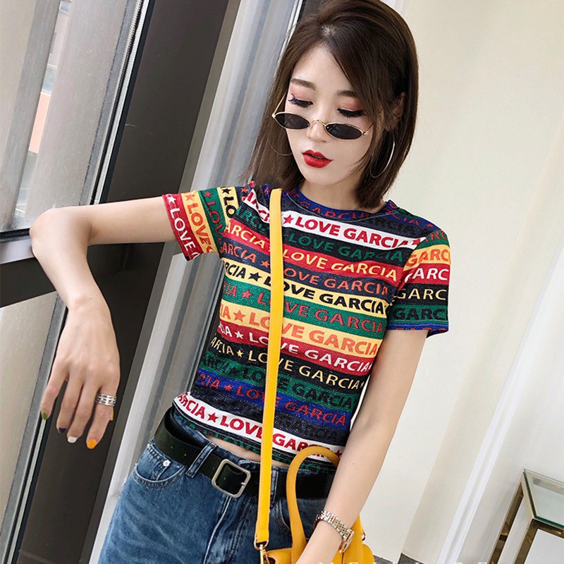 Áo thun ngắn tay cổ tròn kẻ sọc nhiều màu thời trang cho nữ