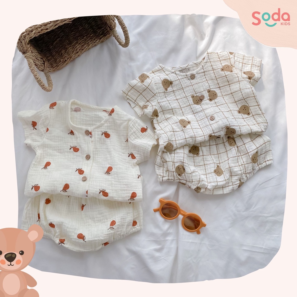 Bộ quần áo cho bé SODA KIDS chất liệu xô muslin cài cúc quần bí đáng yêu cho bé trai bé gái mẫu mới 2022
