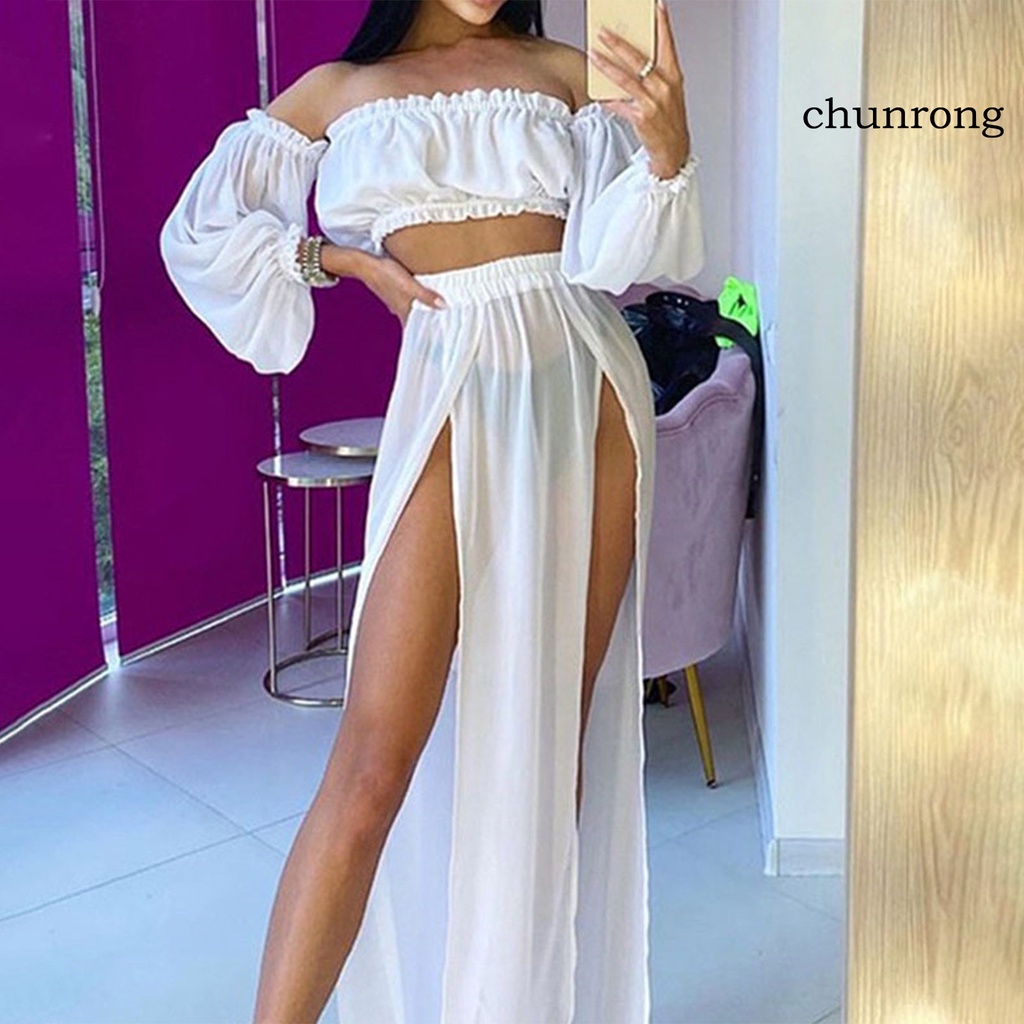 Bộ Trang Phục 2 Mảnh Gồm Áo Hở Vai Và Chân Váy Dài Xẻ Tà Quyến Rũ Thời Trang Đi Biển Cho Nữ