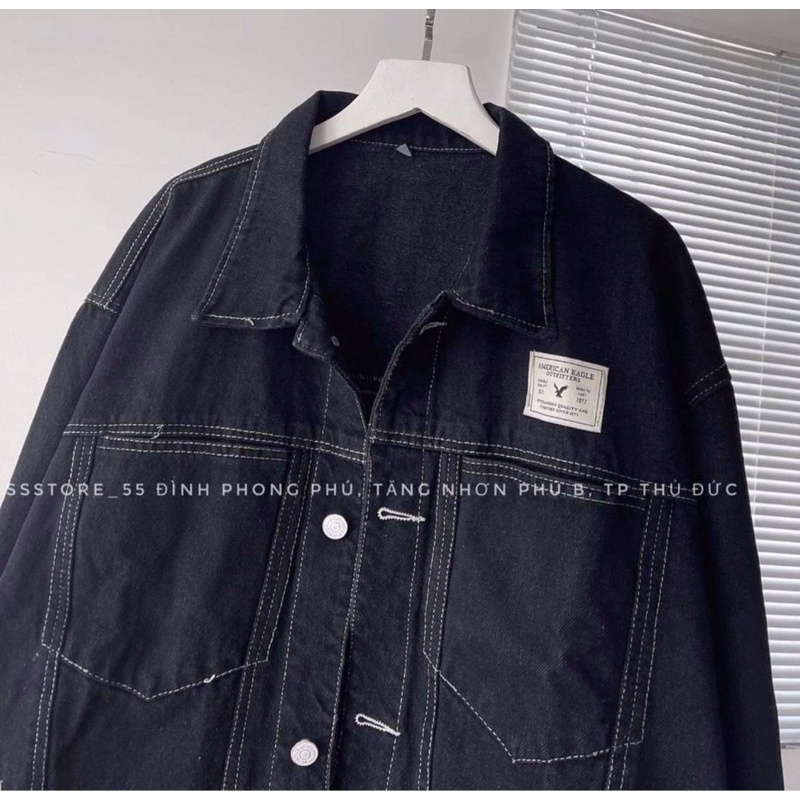 [Ảnh thật/Video]Áo khoác bò đen viền chỉ thiết kế tag da loại 1 Áo bò khoác ngoài hàng Quảng Châu