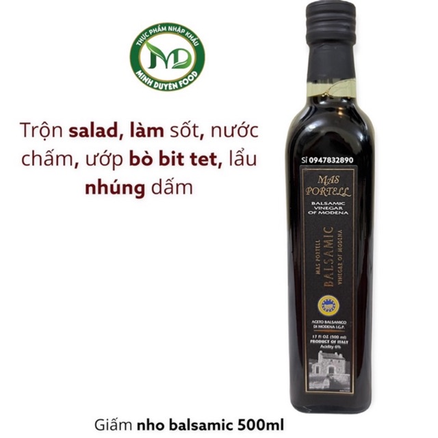 Dấm nho Balsamic - Giấm cao cấp dùng trong các món bò bít tet và lẩu - Giấm nho thơm balsamic 500ml nhãn hiệu Modena
