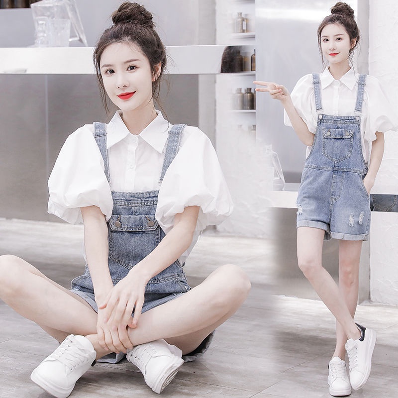 Bộ áo sơ mi + quần yếm denim ống rộng 2021 tw2021 thời trang