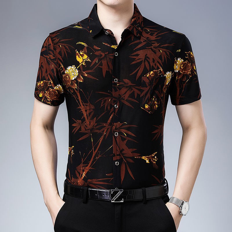 Áo sơ mi trung niên ngắn tay nam mỏng phù hợp với bố mùa hèÁo sơ mi hoa ngắn tay có túi thật dành cho nam mùa hè, in họa