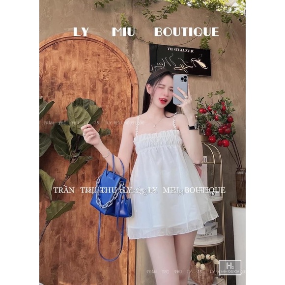 Áo 2 dây hoa cúc chun bèo ngực chất lụa 2 lớp dáng babydoll màu trắng