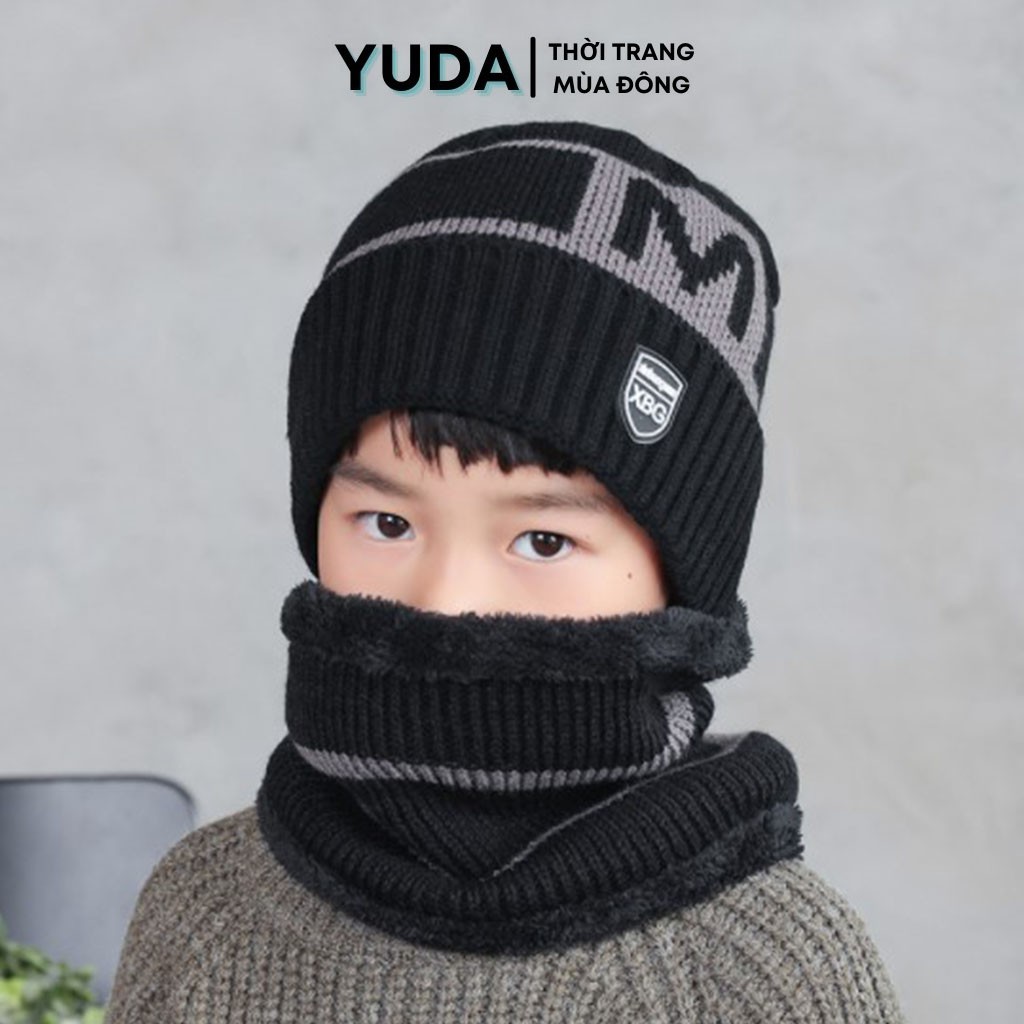 Mũ len cho bé trai trùm đầu kèm khăn quàng cổ mùa đông giữ ấm YUDA nón len cho bé trai hàn quốc giữ nhiệt tốt