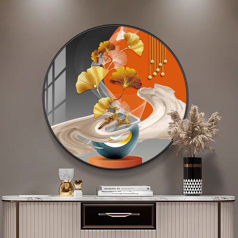 O 01 Tranh Tròn Treo Tường Tráng Gương Cao Cấp Hươu Rẻ Quạt Decor phòng khách/ phòng ngủ/ bàn lá rẻ quạt bạch quả cá hoa