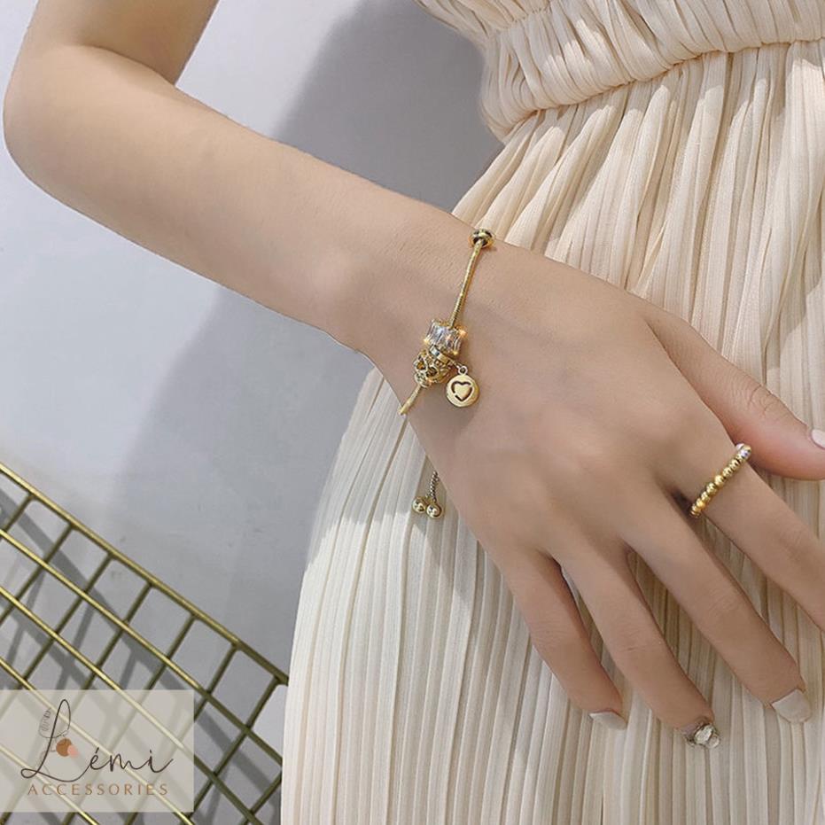 Lắc tay hạt Charm đính đá zircon JUNE có mặt trái tim Vòng tay nữ mặt hạt charm có chốt điều chỉnh kích thước thông minh