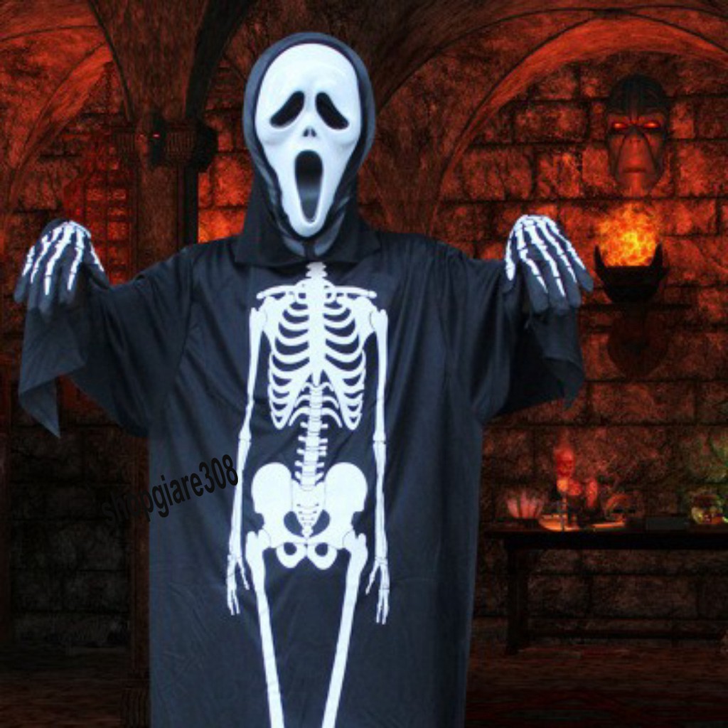 BỘ QUẦN ÁO MA HÓA TRANG-Trang Phục Hóa Trang Halloween Xương Người và Mặt Nạ Đầu Lâu Cao Cấp Rùng Rợn Dành Cho Nam Nữ