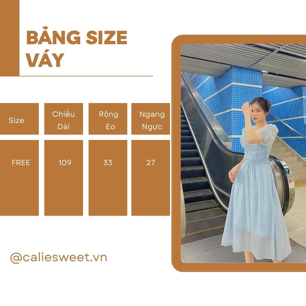 Váy babydoll tay phồng Caliesweet váy tiểu thư dáng dài 2 lớp chất tơ mềm
