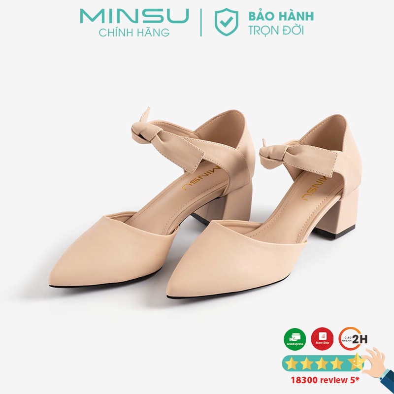 Giày Cao Gót Nữ Mũi Nhọn Đế Vuông 5cm MINSU M9013 Phối Nơ Bít Mũi cao 5p Kiểu Dáng Hàn Quốc Hở Gót 5 phân