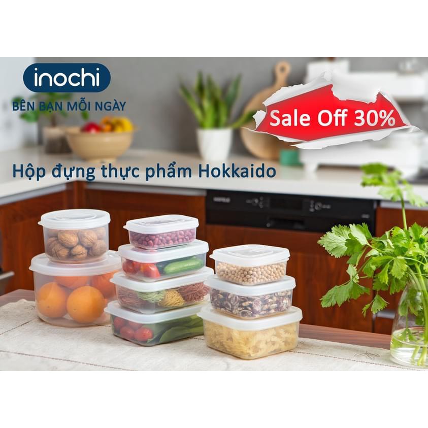 Hộp Đựng Thức Ăn Thực Phẩm Hokkaido chữ nhật/ Tròn/ Vuông trong tủ lạnh nhiều size có nắp kín khí INOCHI Nhựa Cao Cấp T