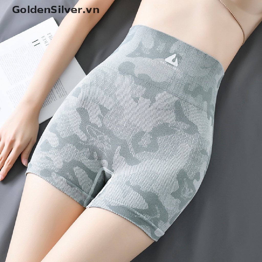 Quần Short Tập Yoga Lưng Cao Không Đường May Màu Bạc Vàng Họa Tiết Rằn Ri