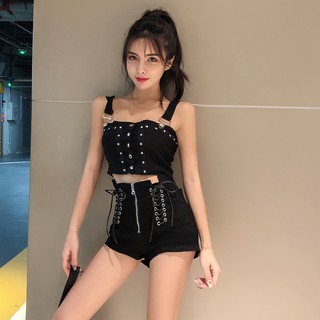 Set áo 2 dây cá tính đi bar đi chơi phối nút + quần đen nữ ngắn phối đan dây cá tính ulzzang ( có bán riêng )