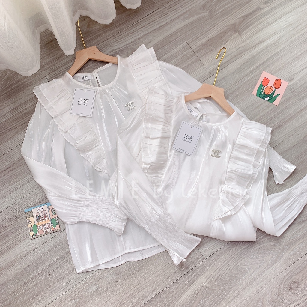 Áo Sơ Mi Trắng Tơ Óng Kiểu Mới Tiểu Thư Bánh Bèo Siêu Xinh , Áo Tay Bồng Cổ Viền Bèo A20