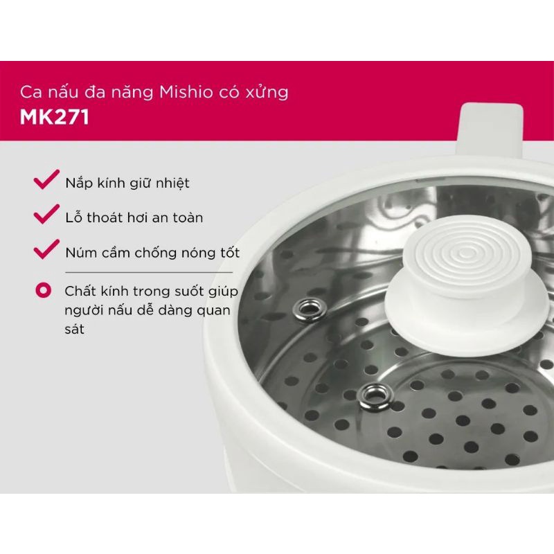 Nồi nấu điện đa năng Mishio 1.5L Xanh/Trắng MK271 kèm xửng hấp inox Bảo Hành 18 Tháng