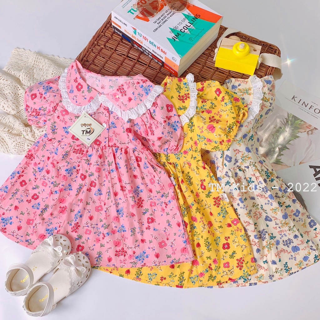 Váy bé gái thô cotton mát mịn 8-20kg hoa nhí xòe ren xinh xắn, đầm tiểu thư cho bé trẻ em nữ 1 2 3 4 5 6 tuổi Đ023